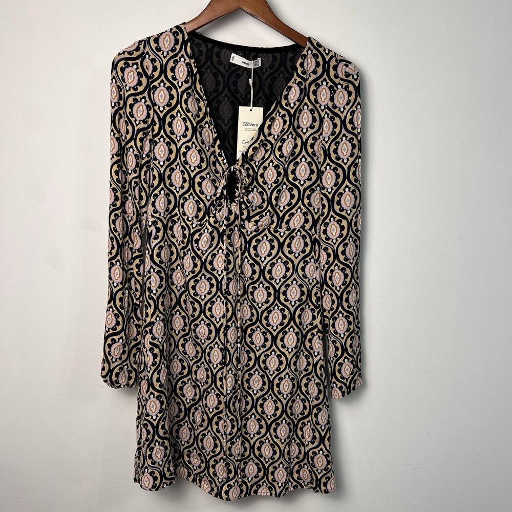 MANGO Women's Size S Flowy Geometric Print V-Neck Sheath Dress, Beige, NWT